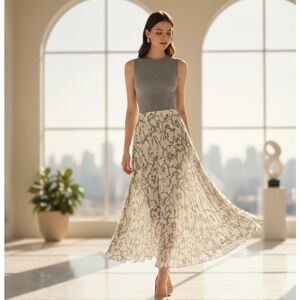 Banana Republic Cream Gray Maxi Pleated Skirt